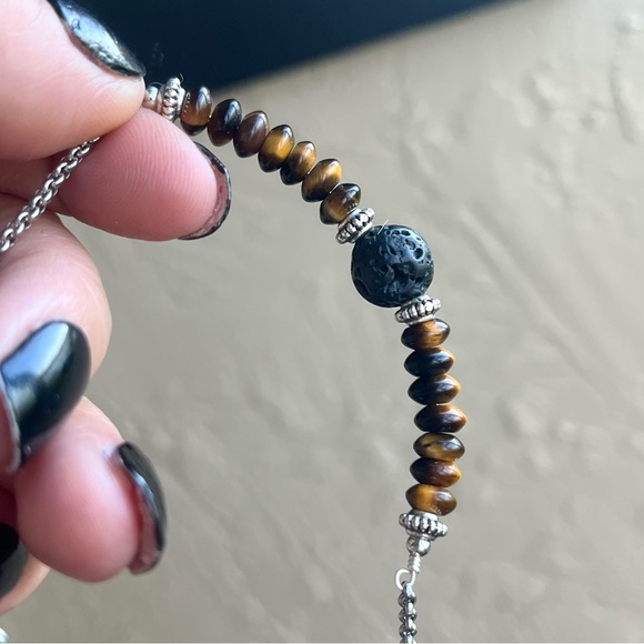 Set ! Fleur de lis / lys lily flower tiger eye necklace + earrings boho gems - Picture 12 of 16